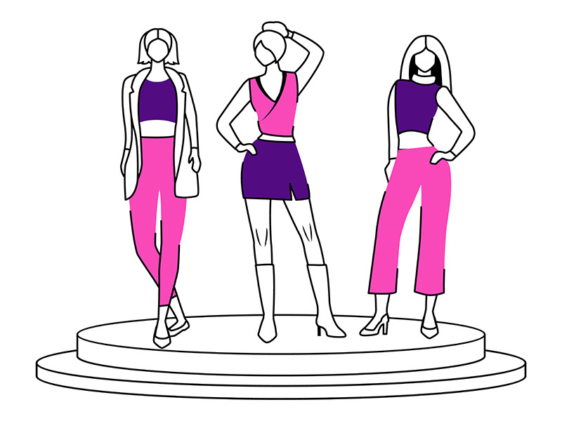 Fashion runway girls flat contour vector illustration