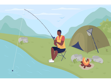 Catching fish in pond flat color vector illustration preview picture