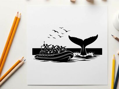 Whale tail silhouette emerging from ocean with boat and birds