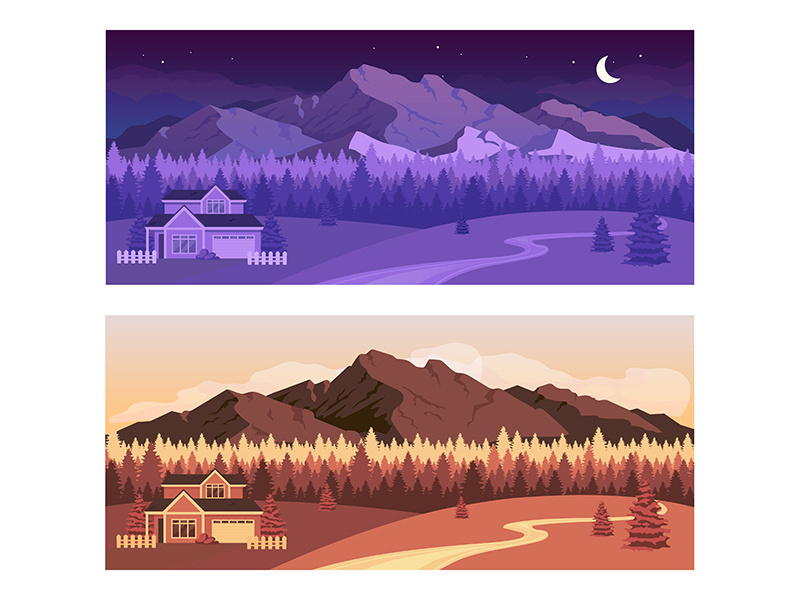 Day and night mountains flat color vector illustration set