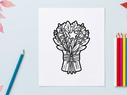 Hand-drawn Halloween bouquet of white lilies tied with ribbon. Spooky floral arrangement for All Saints' Day or gothic celebrations.