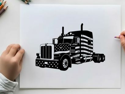 American flag semi truck silhouette with patriotic design