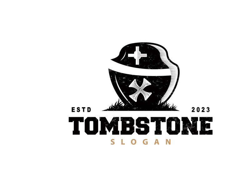 Tombstone Logo, Tomb Cemetery Cross, Vector Vintage