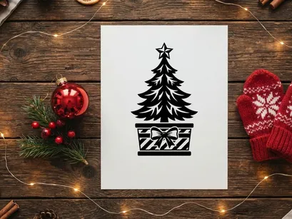 Black and white Christmas tree icon with star and gift box bow design