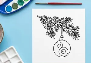 Christmas bauble hanging on a pine branch line art illustration