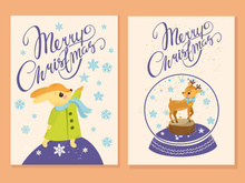 Merry Christmas little deer, fox vector poster and greeting card template