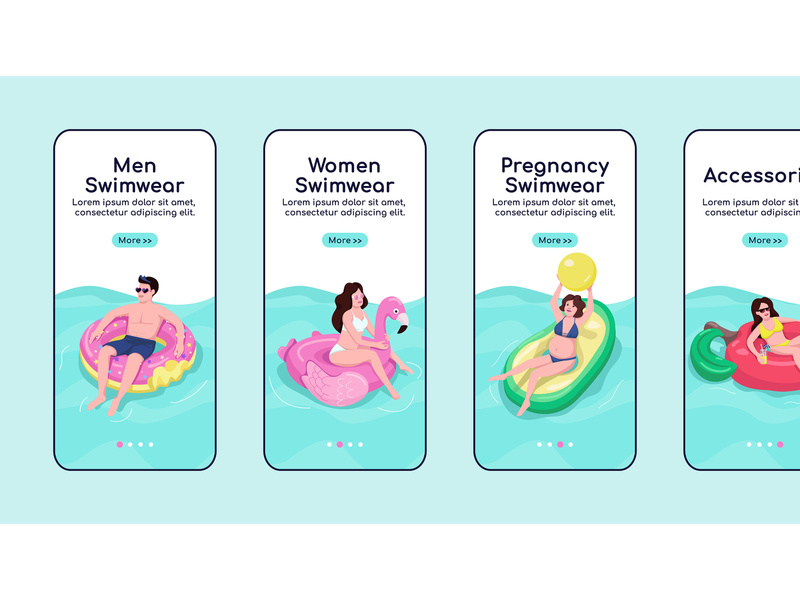 Women and men swimwear onboarding mobile app screen flat vector template