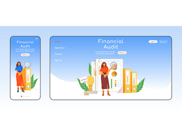 Financial audit adaptive landing page flat color vector template preview picture