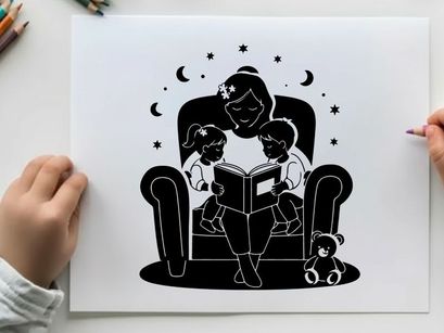 Silhouette of a woman reading to two children at night