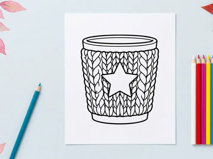 Christmas mug coloring page with knitted texture and star icon for holiday art projects.