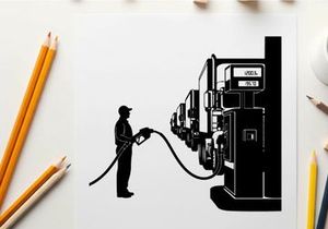 Silhouette of a man refueling a semi truck at a gas station