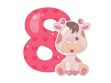 Cute eight number with baby giraffe cartoon illustration preview picture