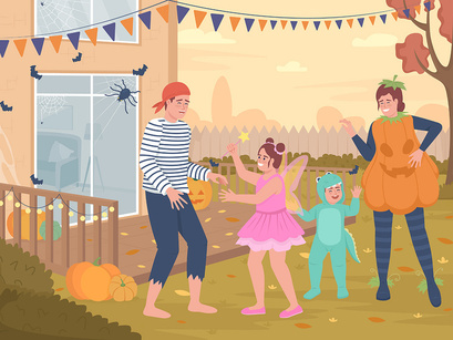 Halloween costume party flat color vector illustration set