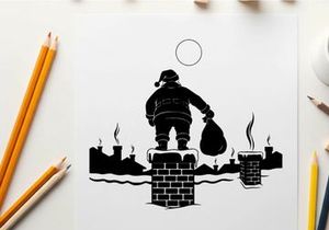Santa claus silhouette on a snowy rooftop with a sack