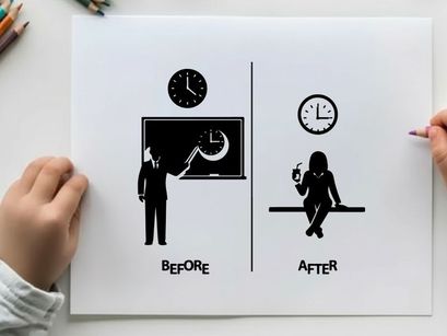 Silhouette of teacher before and after explaining a clock
