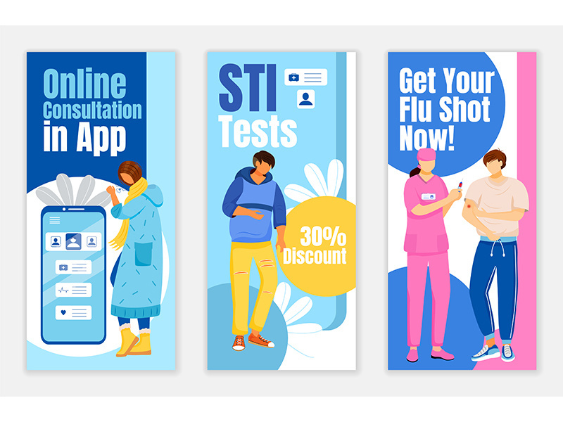 Online consultation in app flyers flat vector templates set