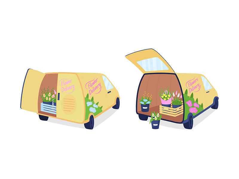 Flower delivery vans flat color vector object set
