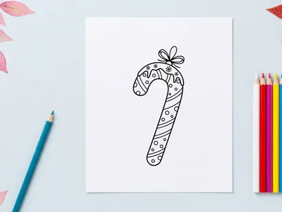 Hand drawn candy cane ornament with bow, black and white Christmas holiday line art icon.