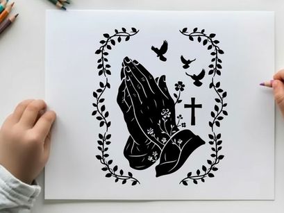 Praying hands silhouette with cross and birds