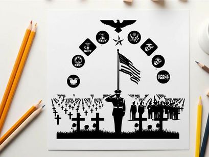 Veterans memorial silhouette with american flag and military emblems