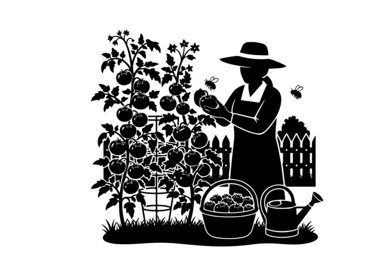 Silhouette of a woman gardening with tomatoes and tools