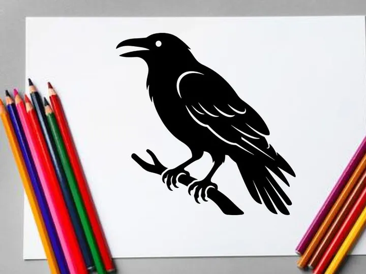 Silhouette of a Crow Sitting on a Branch in Black and White
