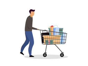 Buying goods at hypermarket flat color vector faceless character preview picture