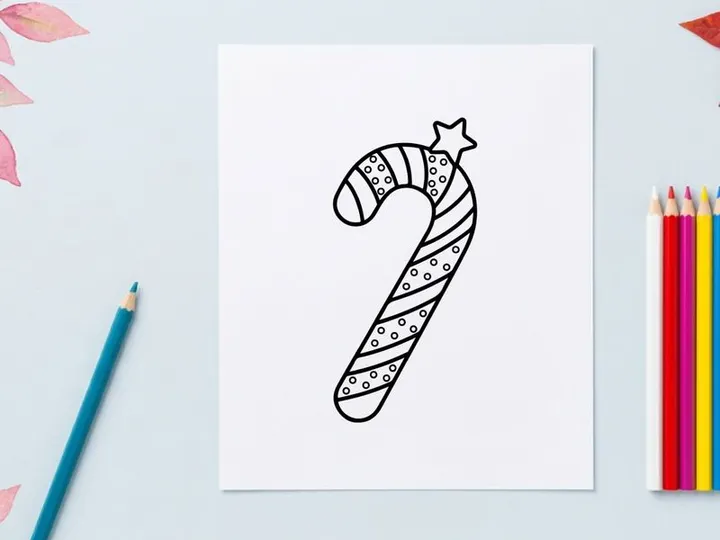 Christmas candy cane line art illustration with a star for holiday coloring book page