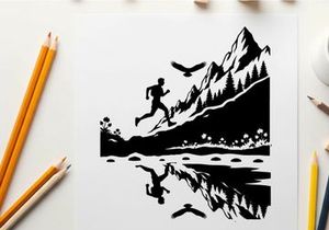 Silhouette of a person running in front of a mountain silhouette
