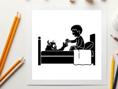 Silhouette of a child and teddy bear in bed at night