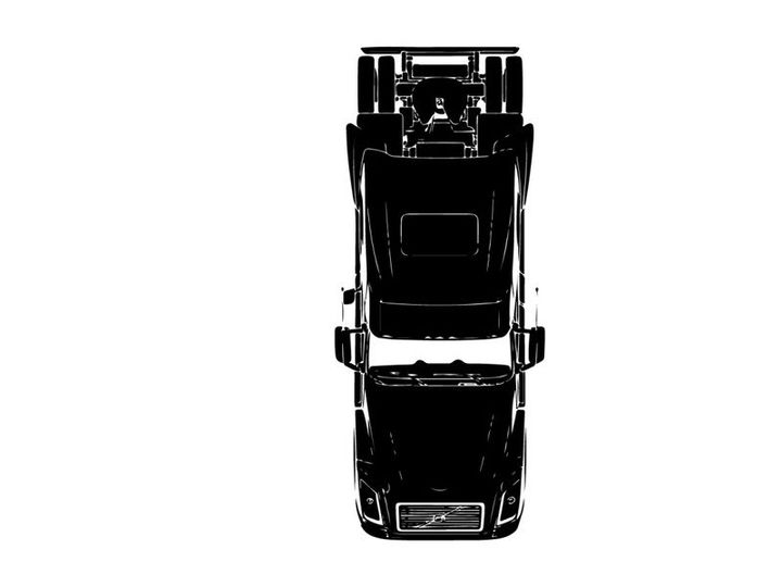 Silhouette of a semi truck from above in black and white