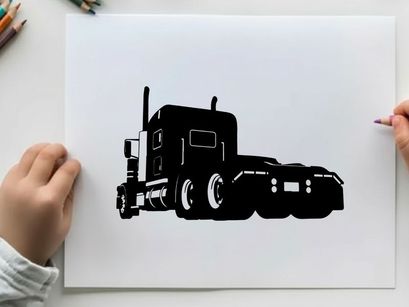 Silhouette of a semi truck against a white background