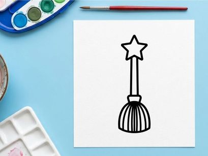 Witch broomstick with star icon. Magic wand illustration for Halloween design.