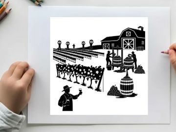 Vineyard scene with silhouette of farmer and workers in a rural setting preview picture