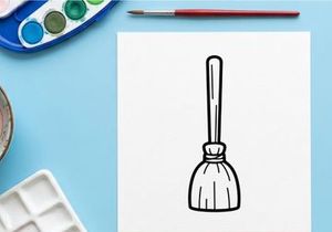 Ikon sapu terbang. Ilustrasi seni garis hitam putih sederhana dari sapu sihir.