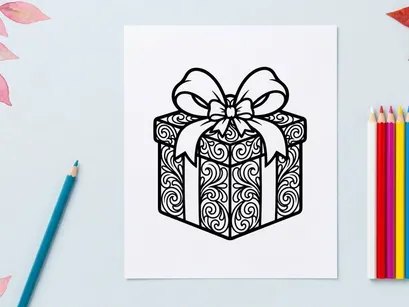 Christmas gift box line art illustration with decorative floral swirl patterns and bow