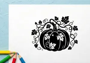 Silhouette labu dengan detail sulur melingkar dan daun untuk dekorasi musim gugur