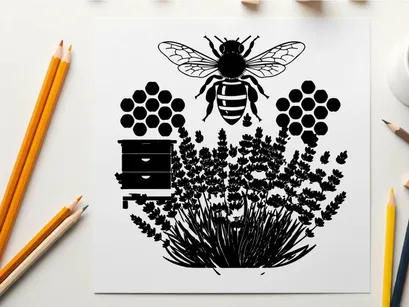 Bee silhouette flying over lavender with honeycomb silhouette