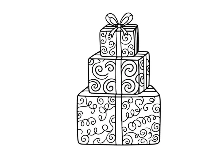 Hand-drawn Christmas gift box with festive ribbon and ornate swirl patterns for holiday designs