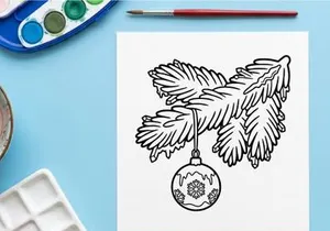 Ilustrasi seni garis pohon natal dengan hiasan gantung, seni garis liburan meriah.