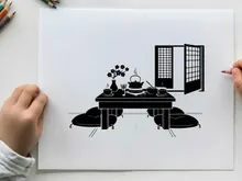 Silhouette of a traditional japanese room interior with table