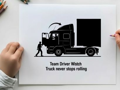 Silhouette of team driver wistch with rolling semi truck silhouette