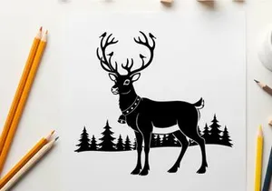 Reindeer silhouette with antlers and christmas bell collar outdoors