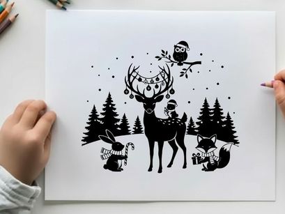 Winter forest silhouette with deer rabbit fox and owl