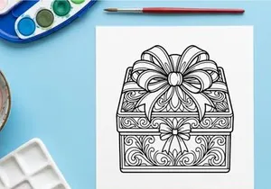 Christmas gift box with ornate floral patterns and a large decorative bow line art