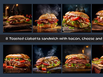 Toasted ciabatta sandwich with bacon, cheese and tomato preview picture