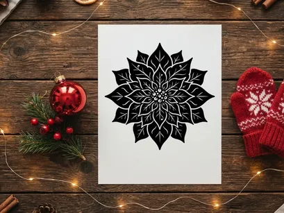 Black and white poinsettia flower illustration for Christmas holiday design projects