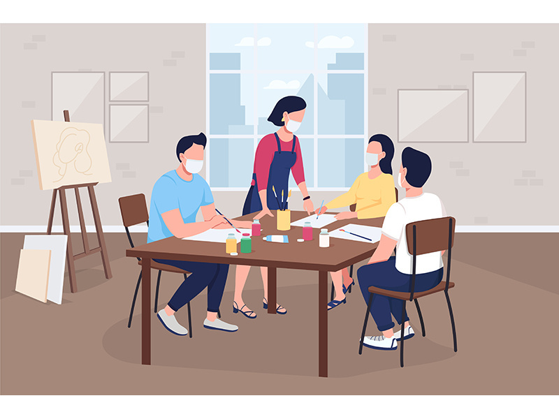 Art class during pandemic flat color vector illustration