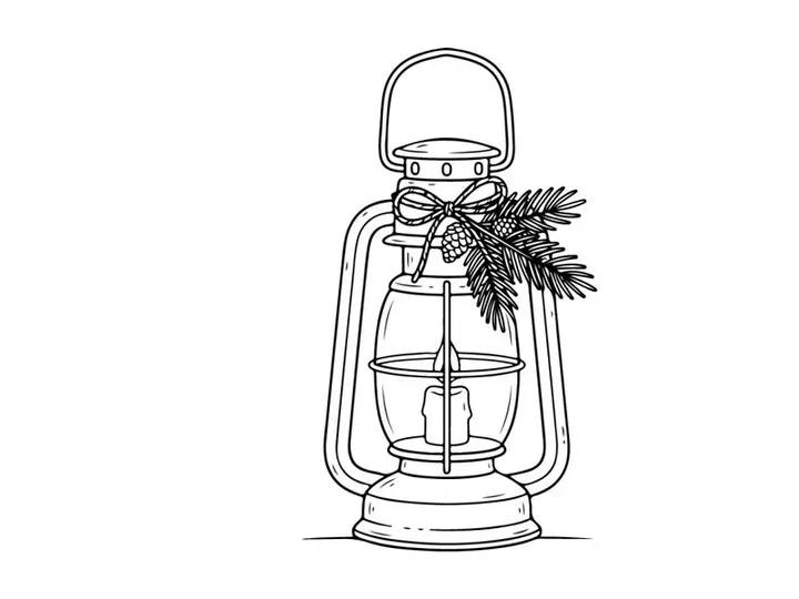 Christmas lantern line art illustration with pine branches and candle for holiday decor.