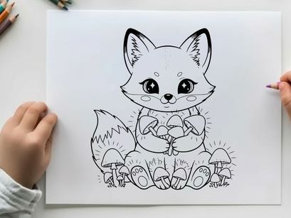 Cute white fox holding mushrooms vector illustration